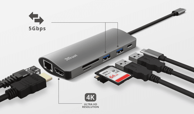Puerto HUB Trust Dalyx Adaptador 7 en 1 USB-C USB HDMI SD Card Micro SD Ethernet